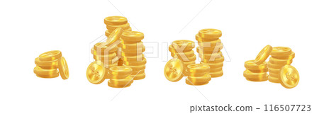 Realistic golden coins pile. Stacks of gold money, cash or treasure. Bank and finance. Investment, profit or gain. Copy space. Vector 116507723