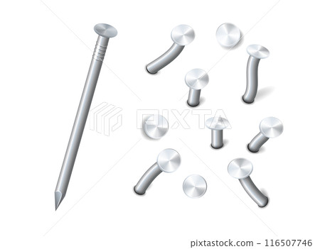 Nails hammered into wall steel straight and bent metal hardware spikes. Hobnails with grey caps top view isolated on transparent background. Vector Nails hammered into wall steel straight and bent metal hardware spikes. Hobnails with grey caps top view isolated on transparent background. Vector 116507746