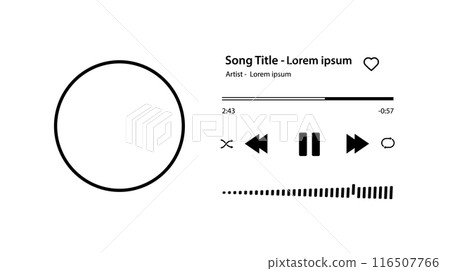 Music player Song plaque with buttons loading bar equalizer sign sound wave and frame for album photo. Trendy music player interface . Vector Music player Song plaque with buttons loading bar equalizer sign sound wave and frame for album photo. Trendy music player interface . Vector 116507766