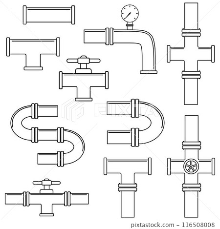 A set of pipelines with taps and water meters. A black outline. Linear illustration. White background. Illustration of a water supply system. A set of pipelines with taps and water meters. A black outline. Linear illustration. White background. Illustration of a water supply system. 116508008