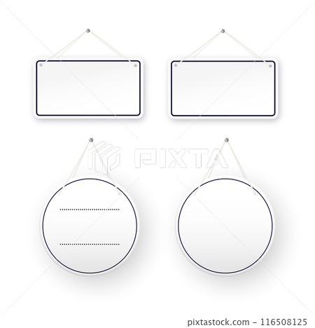 White round shop door signs hanging isolated on transparent background. Empty or blank sign for store, restaurant or cafe. Vector White round shop door signs hanging isolated on transparent background. Empty or blank sign for store, restaurant or cafe. Vector 116508125