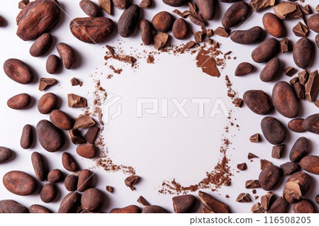 Cocoa Circle. Nibs and Beans on White. 116508205