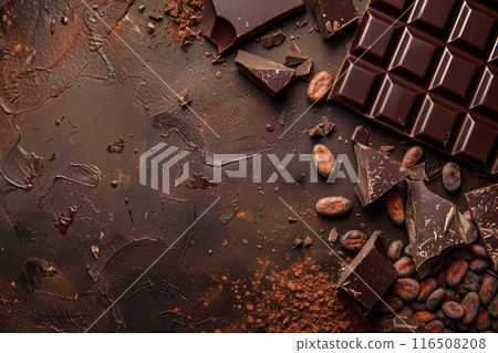 Textured Chocolate and Cocoa Beans Delight. 116508208