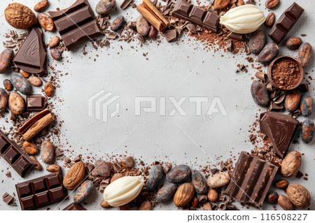 Chocolates and Cocoa Beans Circle on White. 116508227