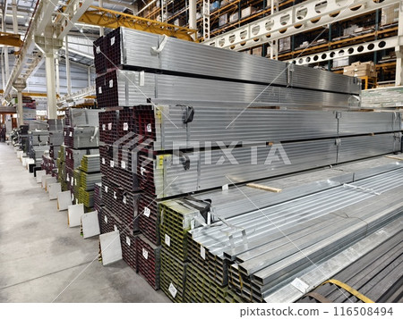 A big warehouse packed with numerous metallic nets and profile A big warehouse packed with numerous metallic nets and profile 116508494