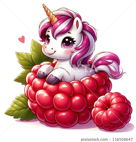 A cartoon unicorn is sitting in a raspberry 116508647