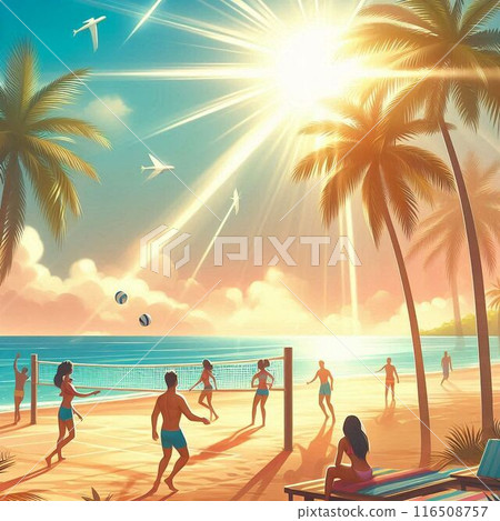 在夏日炎炎的沙灘上玩耍的年輕人 116508757