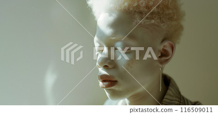 a young albino guy with curly blond hair with an earring in his ear, sunlight falls on him, AI generated a young albino guy with curly blond hair with an earring in his ear, sunlight falls on him, AI generated 116509011