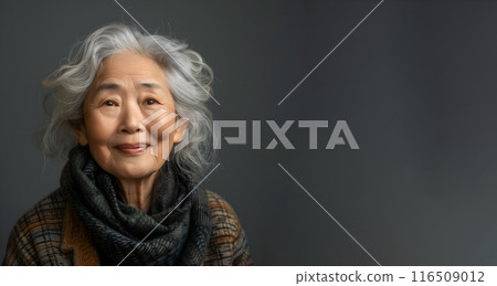 elderly Asian woman with gray hair smiling, with a scarf and sweater on a dark background in the studio, space for text, AI generated elderly Asian woman with gray hair smiling, with a scarf and sweater on a dark background in the studio, space for text, AI generated 116509012