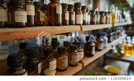 homeopathic laboratory, there are jars of medicines and pills on the shelves, AI generated 116509014