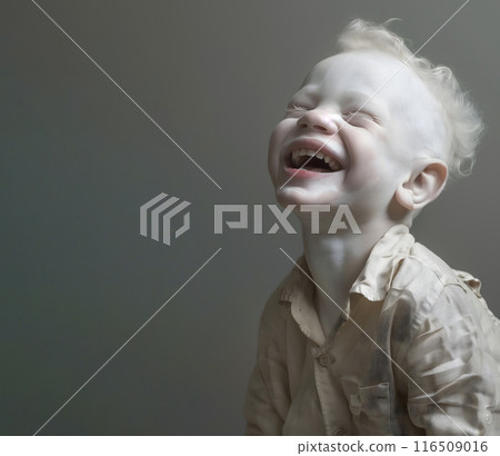 albino boy with white hair in a white shirt laughs against a background of a gray wall, space for text, AI generated 116509016