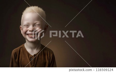 an albino boy with white short hair and a brown T-shirt laughs against the background of a dark wall, space for text, AI generated an albino boy with white short hair and a brown T-shirt laughs against the background of a dark wall, space for text, AI generated 116509124