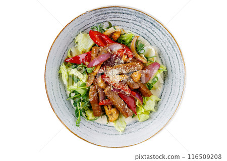 Best Salad with Veal and Vegetables on a White Background, Isolate, for Restaurant Menu Best Salad with Veal and Vegetables on a White Background, Isolate, for Restaurant Menu 116509208