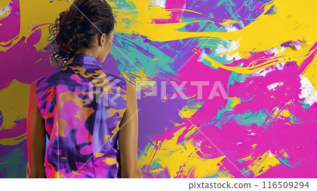 Pop art collage abstract colorful image of woman style sleeveless shirt Generative AI 116509294