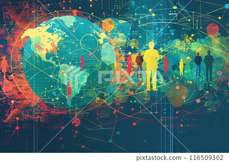 A modern World Population Day with diverse people figures interconnected lines around a globe digital abstract 116509302