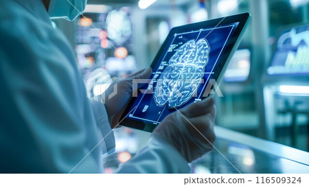 Brain disease, Doctor holding tablet with human brain model to treat and study in hospital. Brain disease, Doctor holding tablet with human brain model to treat and study in hospital. 116509324