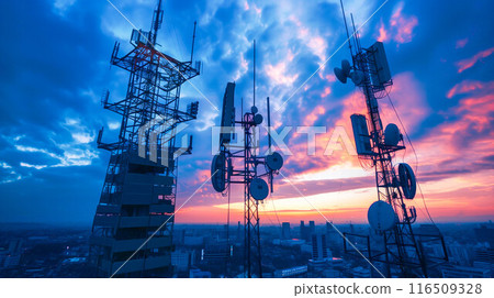 Antenna telecommunication tower station, internet online wireless network. 116509328