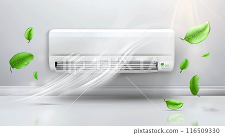 Air conditioner with fresh and cool flow wide waves with green nature leaf around in living room. Air conditioner with fresh and cool flow wide waves with green nature leaf around in living room. 116509330