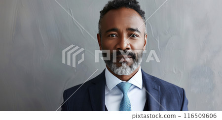 Confident man with salt-and-pepper beard in suit. AI generation Confident man with salt-and-pepper beard in suit. AI generation 116509606