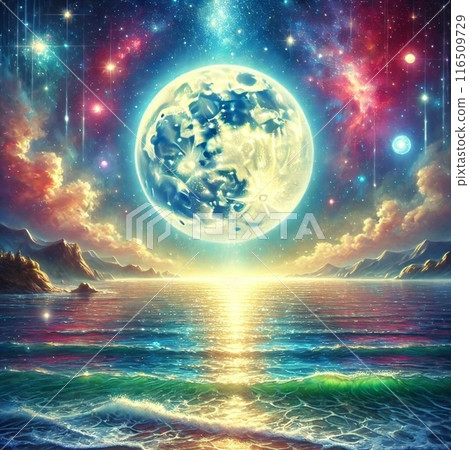 閃亮的藍色海面和神秘的滿月 116509729