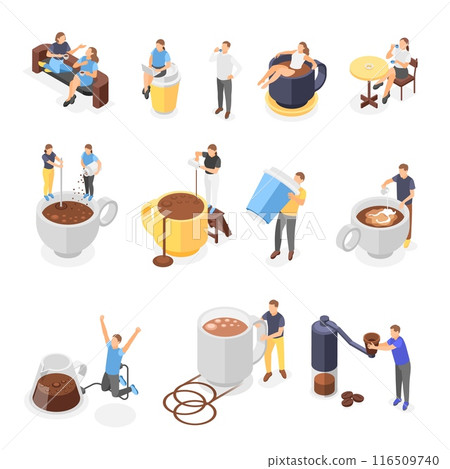 Isometric coffee scenes. People drink americano espresso latte and macchiato. Breakfast and lunch with friends, energy beverages flawless vector set 116509740