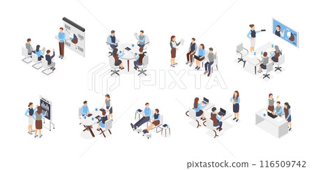 Isometric office scenes. Business people communication, discussion of projects work processes and start up progress. Team leader, flawless vector set 116509742