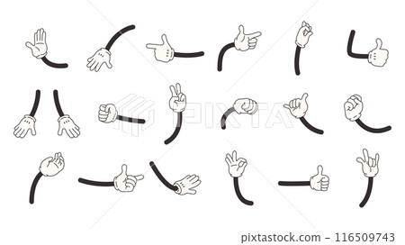 Cartoon comic hands in white gloves showing various gestures. Retro characters hand actions, signs of approval blow rock good idea, snugly vector set 116509743