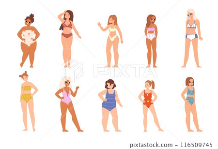 Women wear swimwear. Diverse body types girls in bikini. Beach summer vacations characters. Travel and sunbathing female, snugly vector set Women wear swimwear. Diverse body types girls in bikini. Beach summer vacations characters. Travel and sunbathing female, snugly vector set 116509745
