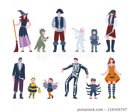 Halloween costumes. Party children and adults characters. Pirates pumpkin outfit and skeleton, dino and bat costume. Spooky kicky vector people 116509747