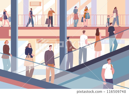 People on escalators in mall. Men women in shopping center, adults and children shop. Electric stairs moving up and down, kicky vector scene People on escalators in mall. Men women in shopping center, adults and children shop. Electric stairs moving up and down, kicky vector scene 116509748