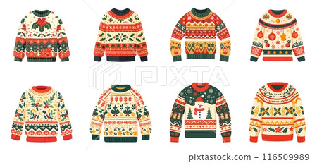 Ugly Christmas sweaters set. Ornamental designs. Red green and beige colors. Knitted woolen winter clothing. Holiday party outfit. Isolated vector clipart collection Ugly Christmas sweaters set. Ornamental designs. Red green and beige colors. Knitted woolen winter clothing. Holiday party outfit. Isolated vector clipart collection 116509989