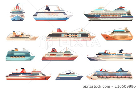 Travel cruise ship set. Large marine vessel. Cargo ships. Huge water transportation. Shipping boats. Isolated vector clipart collection 116509990