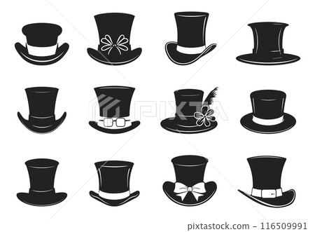 Top hat silhouettes set. Boater and bowler hat. Gentleman headwear. Monochrome. Classic retro male hat. Isolated vector clipart collection on white background 116509991