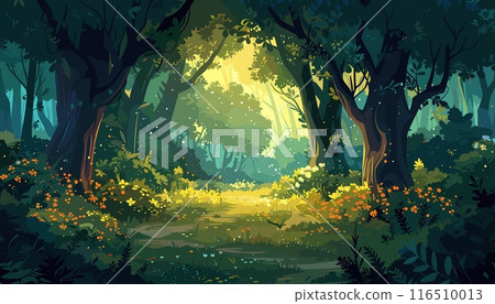 Mystical forest landscape. Fairytale dream location. Magic natural woods environment. Tree trunks and foliage. Clean and neat vector ilustration 116510013