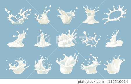 Milk or yoghurt splash set. Realistic various liquid white shapes with drops. Isolated vector clipart collection on blue background 116510014