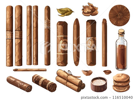 Cigar set. Tobacco collection. Rolled cigars tobacco leaves snuff in a glass flask. Smoking industry development. Isolated vector clipart Cigar set. Tobacco collection. Rolled cigars tobacco leaves snuff in a glass flask. Smoking industry development. Isolated vector clipart 116510040