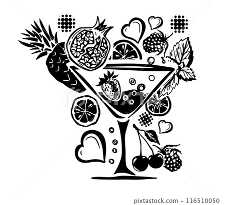 Fruit fresh drink monochrome. hand drawing. Not AI. Vector illustration 116510050