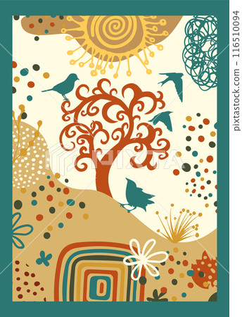 Decorative tree and birds. hand drawing. Not AI Vector illustration 116510094