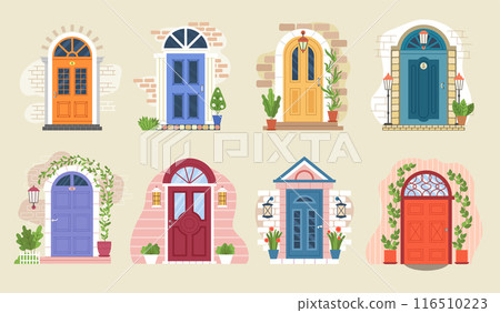 Doors design. Cozy home entrance decoration with elegant doors recent vector cartoon flat pictures Doors design. Cozy home entrance decoration with elegant doors recent vector cartoon flat pictures 116510223