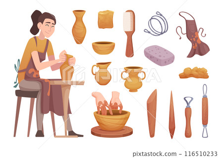 Workshop of clay pot production working tools exact vector cartoon set Workshop of clay pot production working tools exact vector cartoon set 116510233