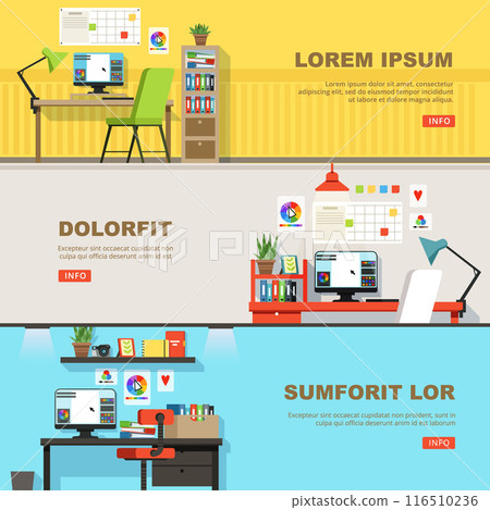 designer workplace. indoor places for freelancers laptop computer printer tablets vector horizontal banners 116510236
