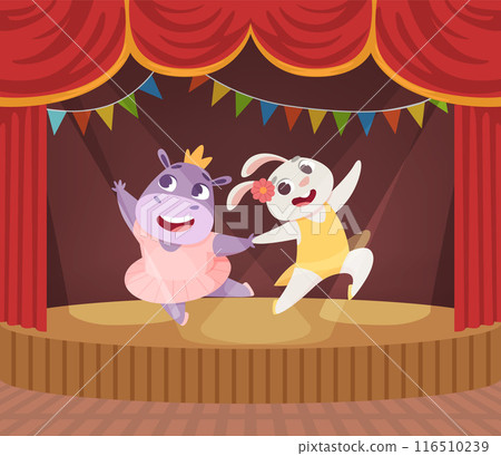 animals dancers. cartoon rabbit and hippo ballerina dancers on scene 116510239