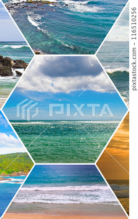 Nature landscape view of beautiful tropical beach and sea in sunny day. Colorful collage. Vertical photo. 116510256