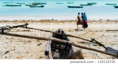 sandy beach of fishing village with wooden boats in Zanzibar 116510356
