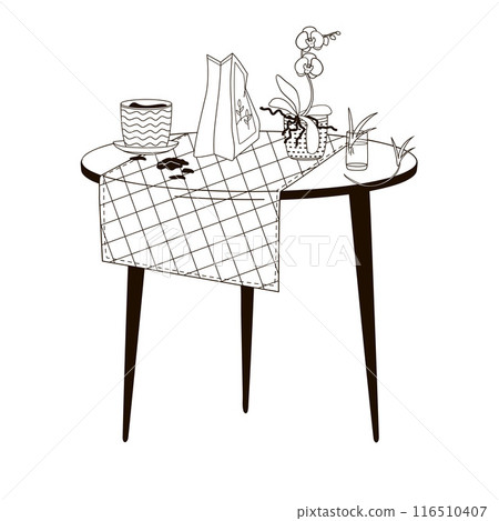 table with an orchid in a pot and a pot of soil, a package of soil for indoor plants 116510407