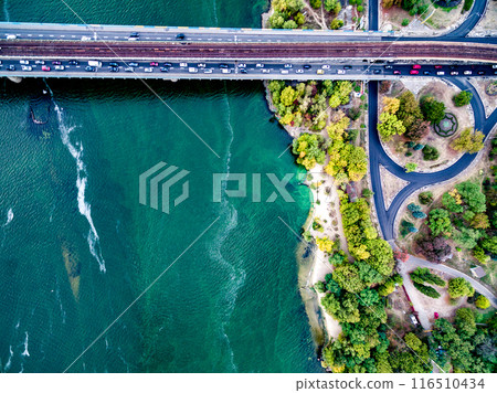 Kyiv roads with bridge across Dnipro, top view Kyiv roads with bridge across Dnipro, top view 116510434