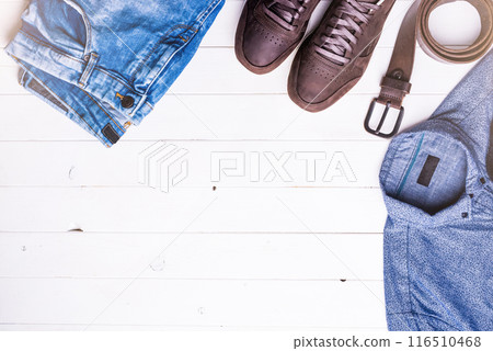 male clothes on wooden background with text space male clothes on wooden background with text space 116510468