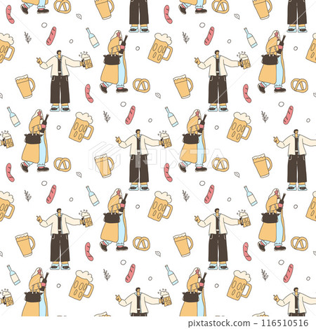 Beer lovers seamless pattern. Doodle characters with alcohol drinks endless background. Oktoberfest continuous cover. Vector hand drawn illustration. 116510516