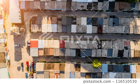 Dilapidated one story buildings, depressed area, topview 116510530