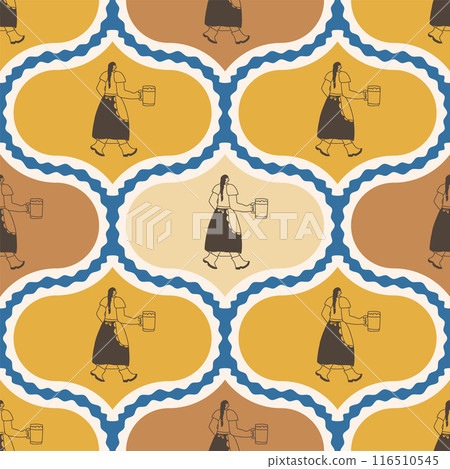 Oktoberfest female character in traditional clothes damask seamless pattern. Vector hand drawn flat illustration. Oktoberfest female character in traditional clothes damask seamless pattern. Vector hand drawn flat illustration. 116510545